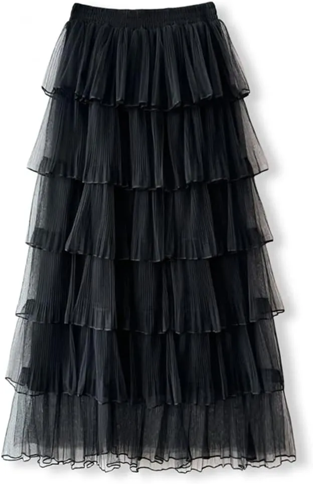 Women Solid Long Skirt Tiered Tulle A-Line Skirts Elastic Waist Loose Ankle-Length Skirts