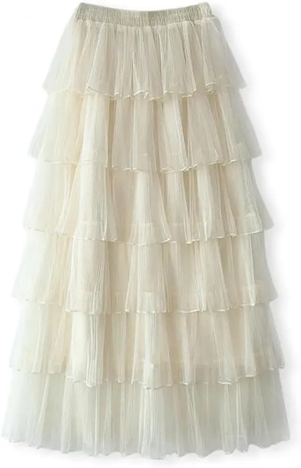 Women Solid Long Skirt Tiered Tulle A-Line Skirts Elastic Waist Loose Ankle-Length Skirts