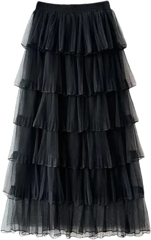 Women Solid Long Skirt Tiered Tulle A-Line Skirts Elastic Waist Loose Ankle-Length Skirts