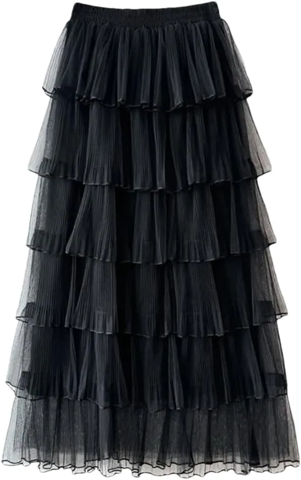 Women Solid Long Skirt Tiered Tulle A-Line Skirts Elastic Waist Loose Ankle-Length Skirts