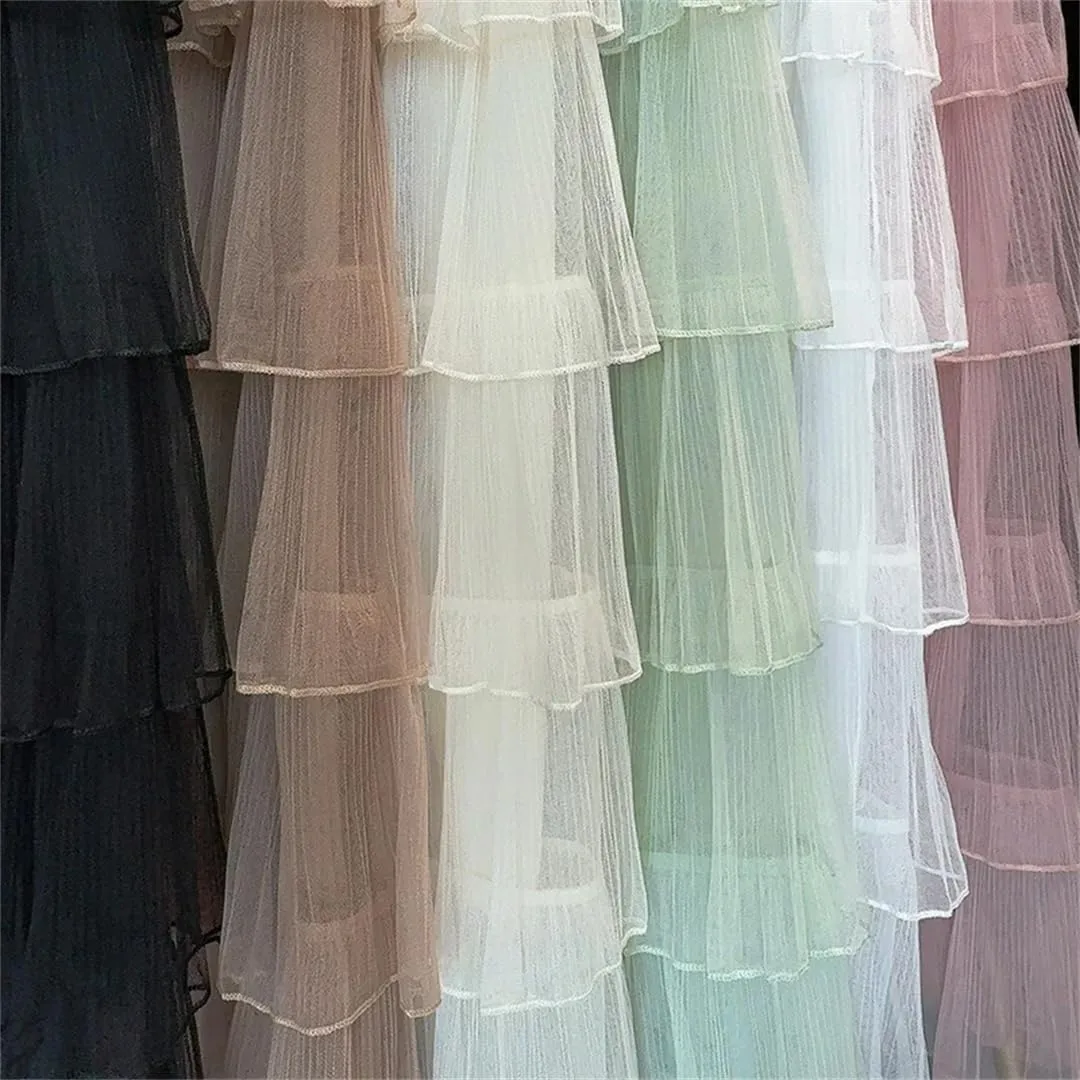 Women Solid Long Skirt Tiered Tulle A-Line Skirts Elastic Waist Loose Ankle-Length Skirts