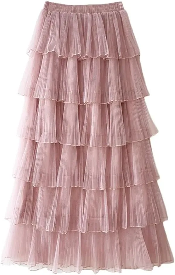 Women Solid Long Skirt Tiered Tulle A-Line Skirts Elastic Waist Loose Ankle-Length Skirts