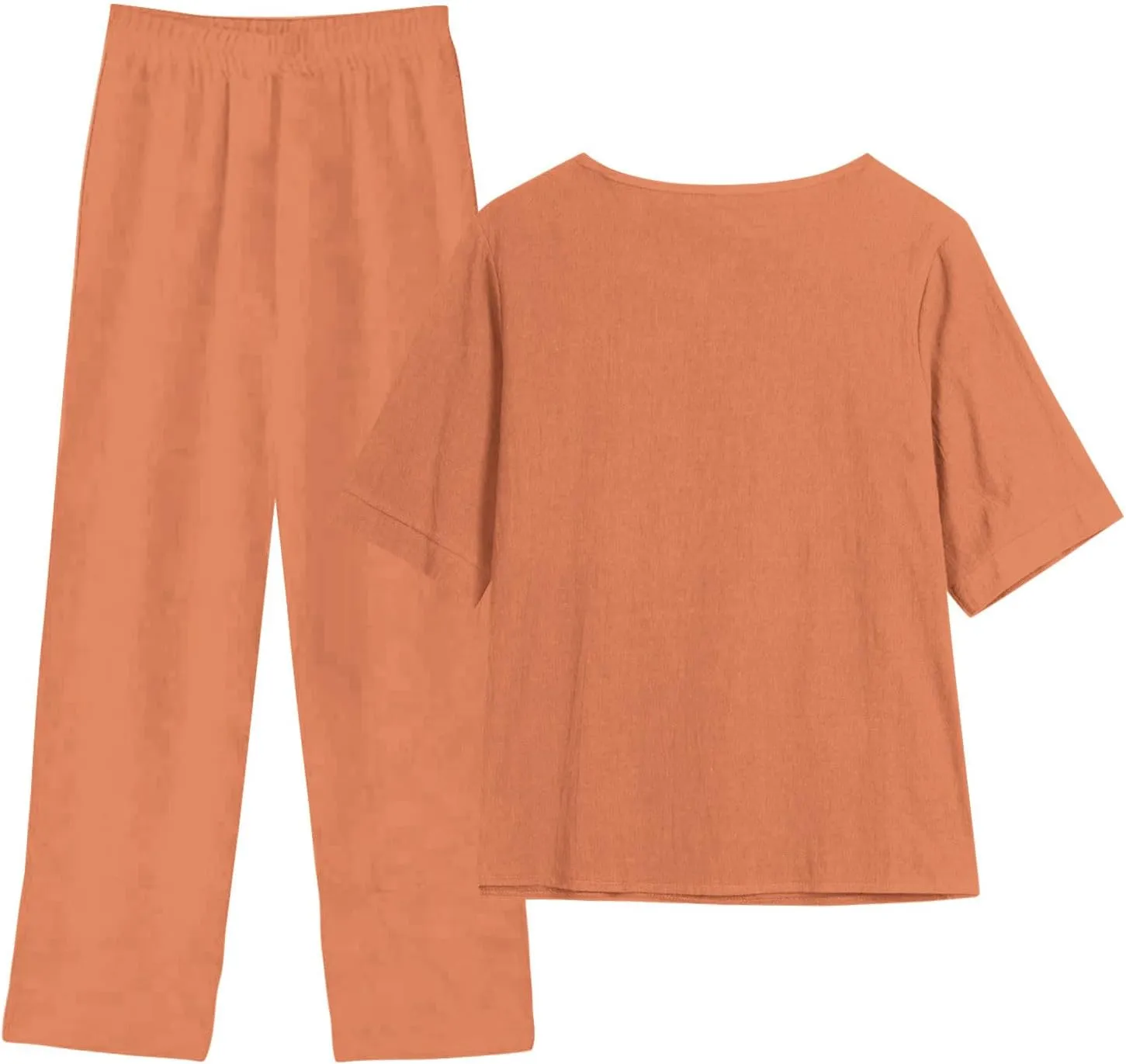 Women Summer 2 Piece Linen Outfits Half Sleeve Top and Wide Leg Pants Lounge Matching Set Tracksuits Trendy Clothes