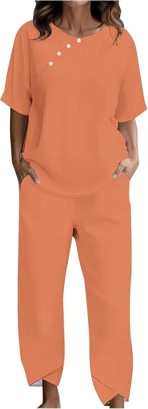 Women Summer 2 Piece Linen Outfits Half Sleeve Top and Wide Leg Pants Lounge Matching Set Tracksuits Trendy Clothes