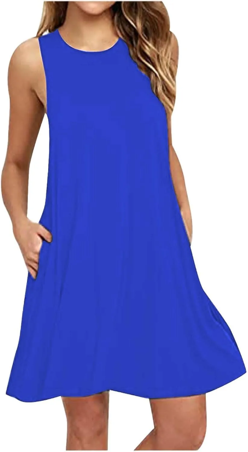 Women Summer Casual T Shirt Dresses Beach Cover Up Plain Pleated Tank Dress Womens Shirt Dress with