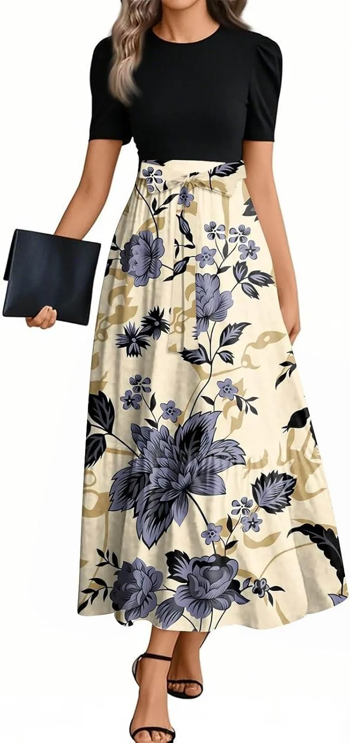 Women Summer Midi Dress- Floral Short Sleeve Patchwork Ruffle Hem Dresses Teacher Church Business Casual Work Outfits