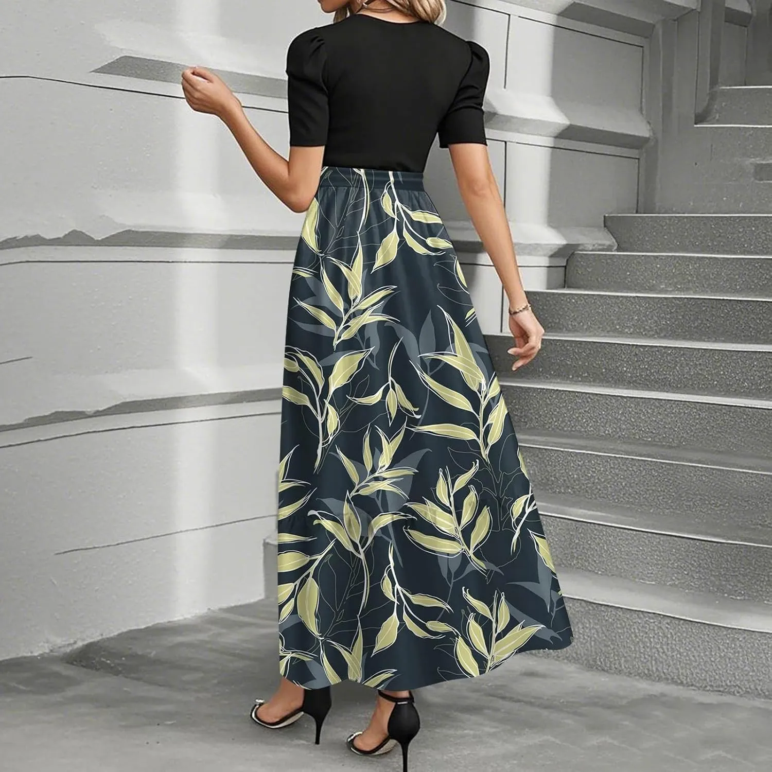 Women Summer Midi Dress- Floral Short Sleeve Patchwork Ruffle Hem Dresses Teacher Church Business Casual Work Outfits