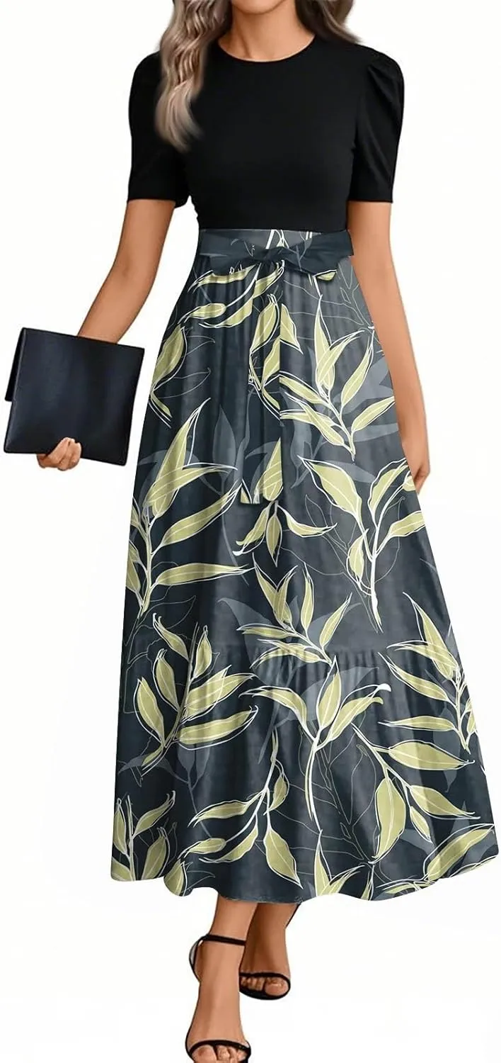Women Summer Midi Dress- Floral Short Sleeve Patchwork Ruffle Hem Dresses Teacher Church Business Casual Work Outfits
