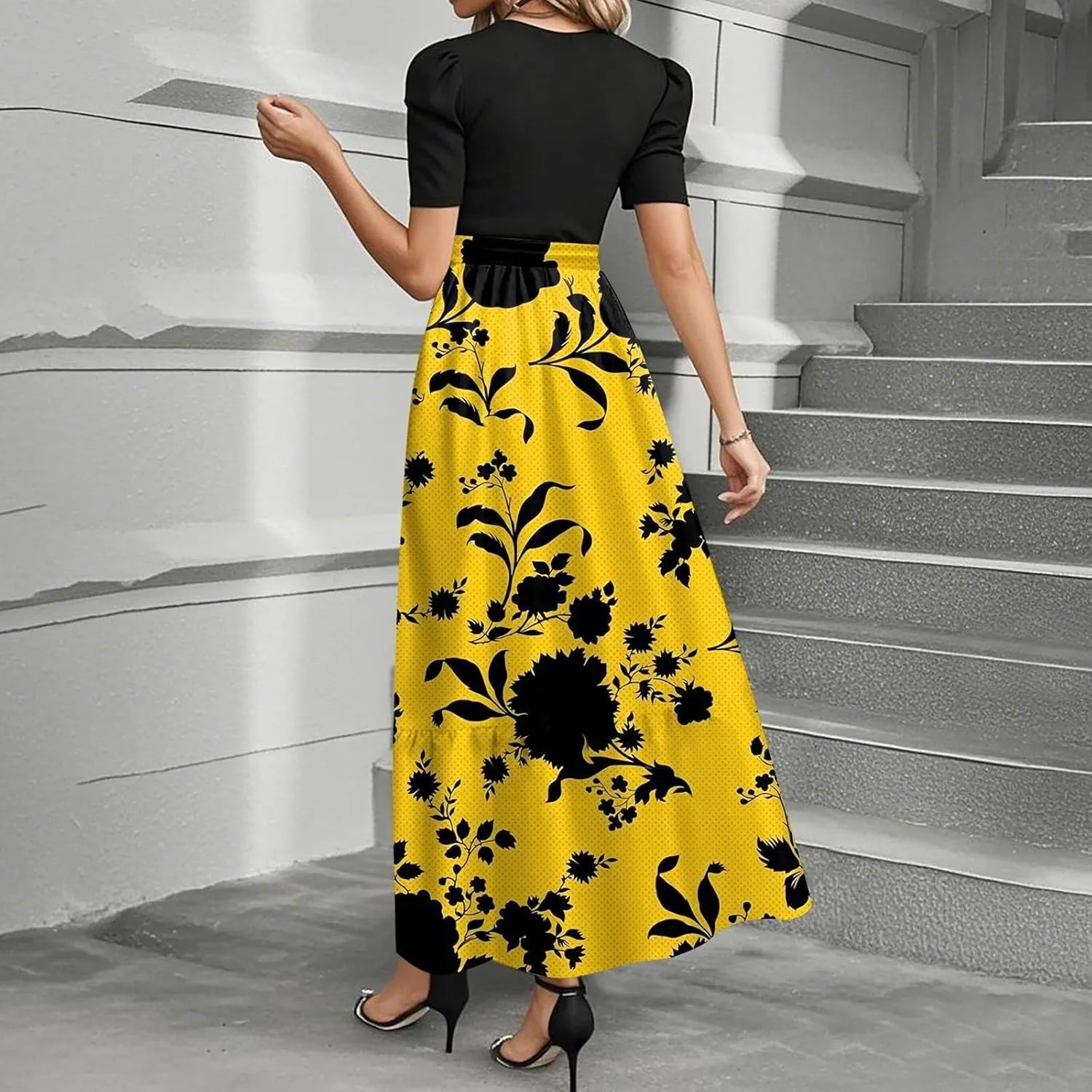 Women Summer Midi Dress- Floral Short Sleeve Patchwork Ruffle Hem Dresses Teacher Church Business Casual Work Outfits