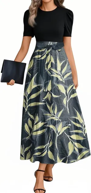 Women Summer Midi Dress- Floral Short Sleeve Patchwork Ruffle Hem Dresses Teacher Church Business Casual Work Outfits