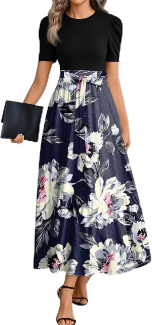 Women Summer Midi Dress- Floral Short Sleeve Patchwork Ruffle Hem Dresses Teacher Church Business Casual Work Outfits