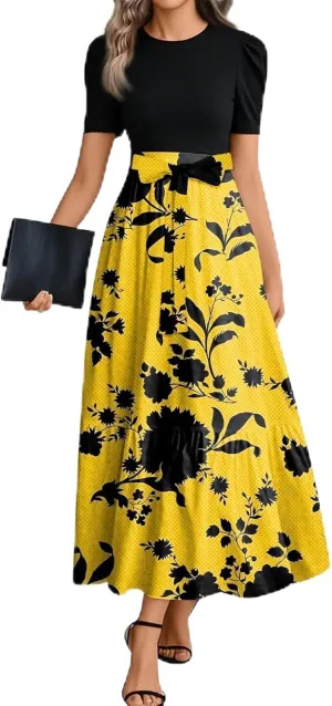 Women Summer Midi Dress- Floral Short Sleeve Patchwork Ruffle Hem Dresses Teacher Church Business Casual Work Outfits