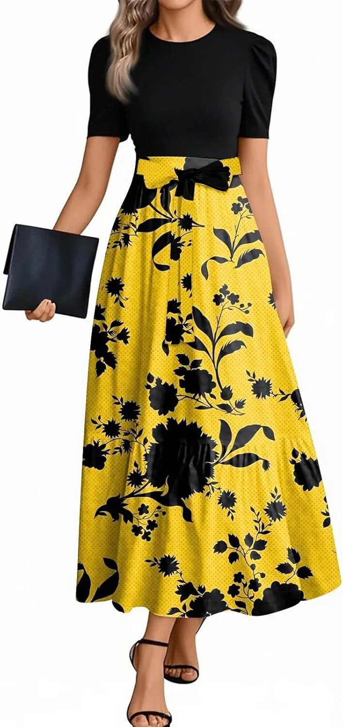 Women Summer Midi Dress- Floral Short Sleeve Patchwork Ruffle Hem Dresses Teacher Church Business Casual Work Outfits