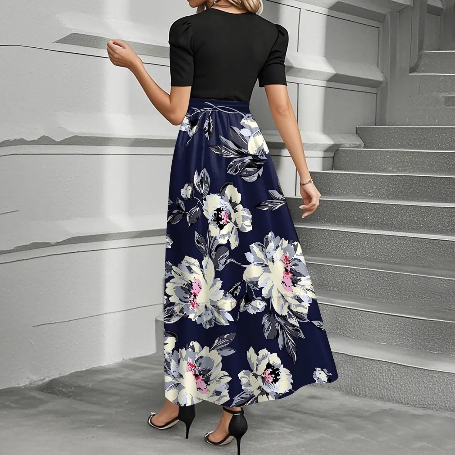 Women Summer Midi Dress- Floral Short Sleeve Patchwork Ruffle Hem Dresses Teacher Church Business Casual Work Outfits