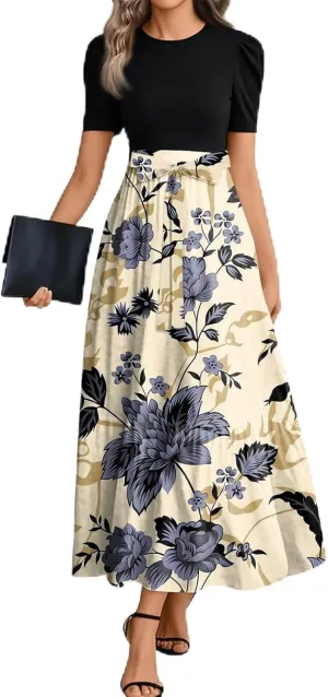 Women Summer Midi Dress- Floral Short Sleeve Patchwork Ruffle Hem Dresses Teacher Church Business Casual Work Outfits