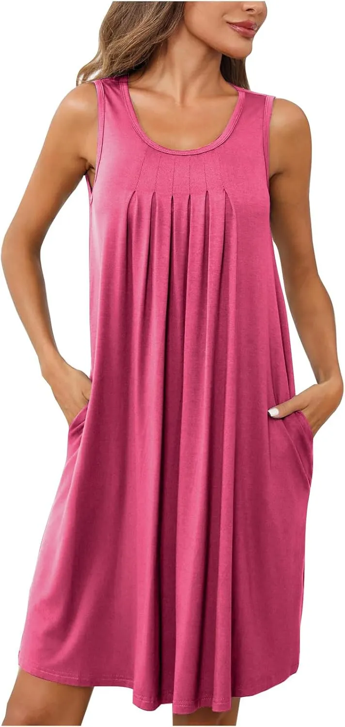 Women Sundress with Pockets Sleep Shirts Sleeveless Loungewear Pleated Front Round Neck Vacation Resort Wear