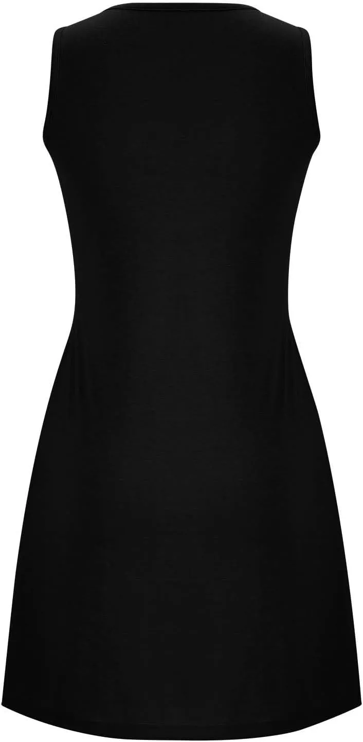 Women Sundress with Pockets Sleep Shirts Sleeveless Loungewear Pleated Front Round Neck Vacation Resort Wear
