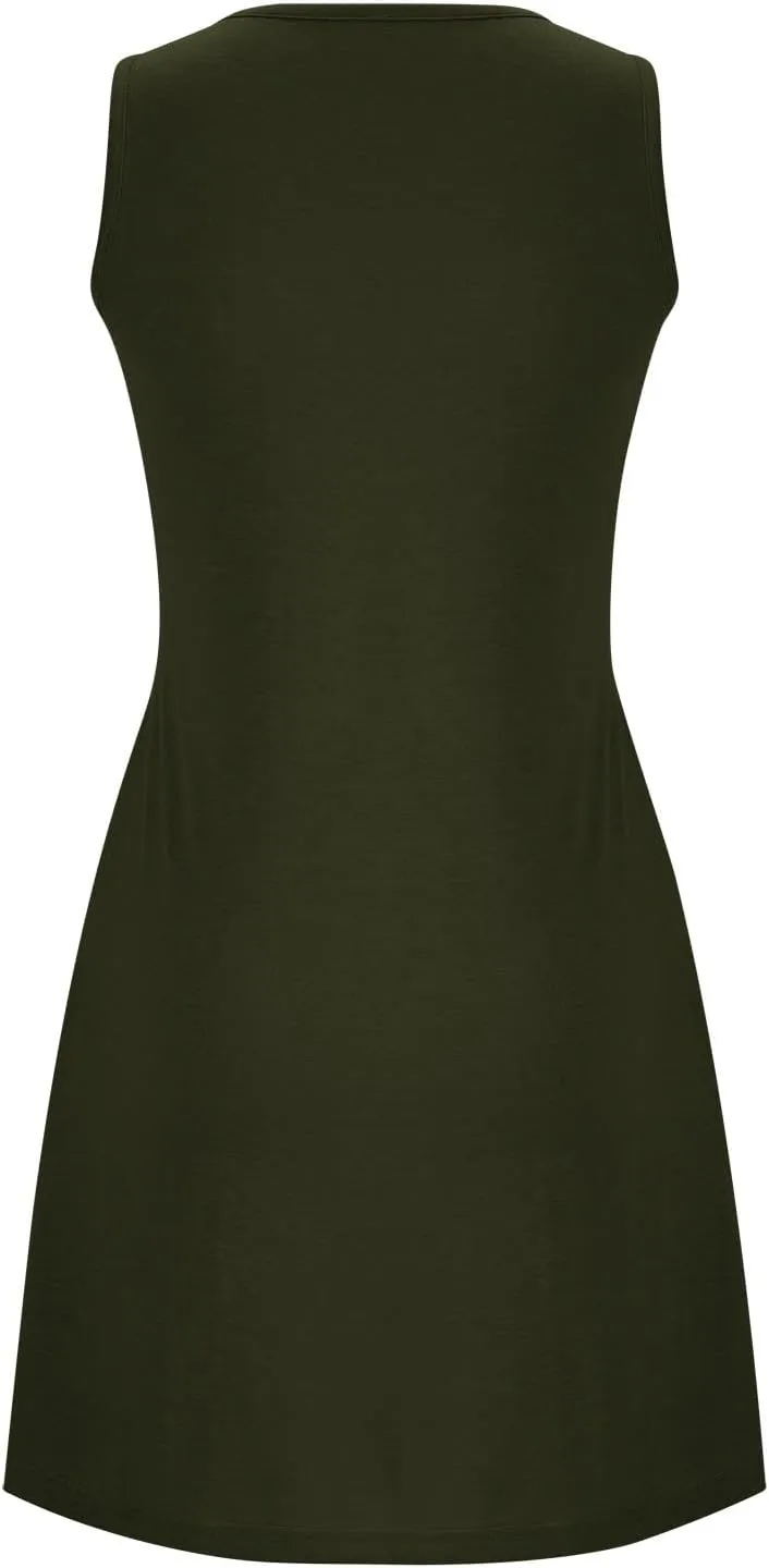 Women Sundress with Pockets Sleep Shirts Sleeveless Loungewear Pleated Front Round Neck Vacation Resort Wear