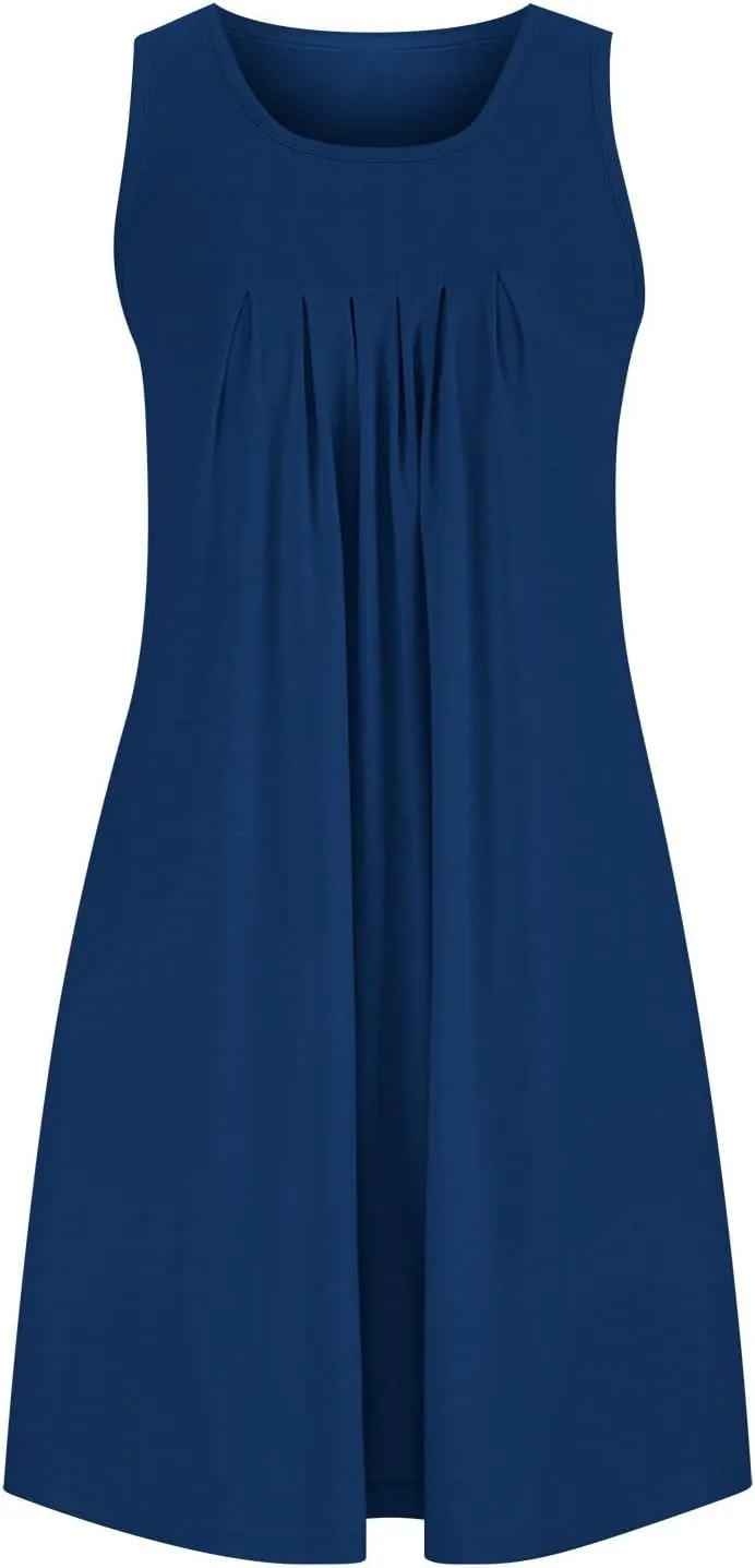 Women Sundress with Pockets Sleep Shirts Sleeveless Loungewear Pleated Front Round Neck Vacation Resort Wear