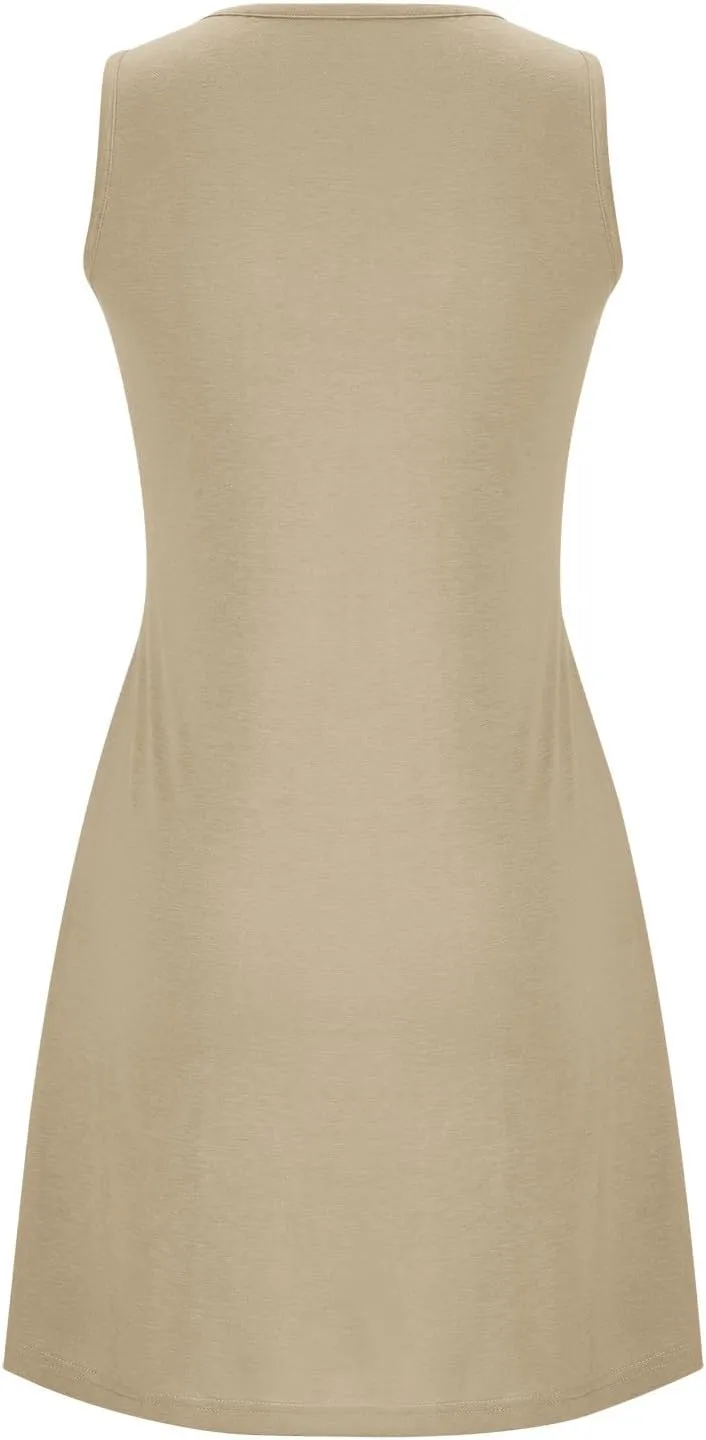 Women Sundress with Pockets Sleep Shirts Sleeveless Loungewear Pleated Front Round Neck Vacation Resort Wear