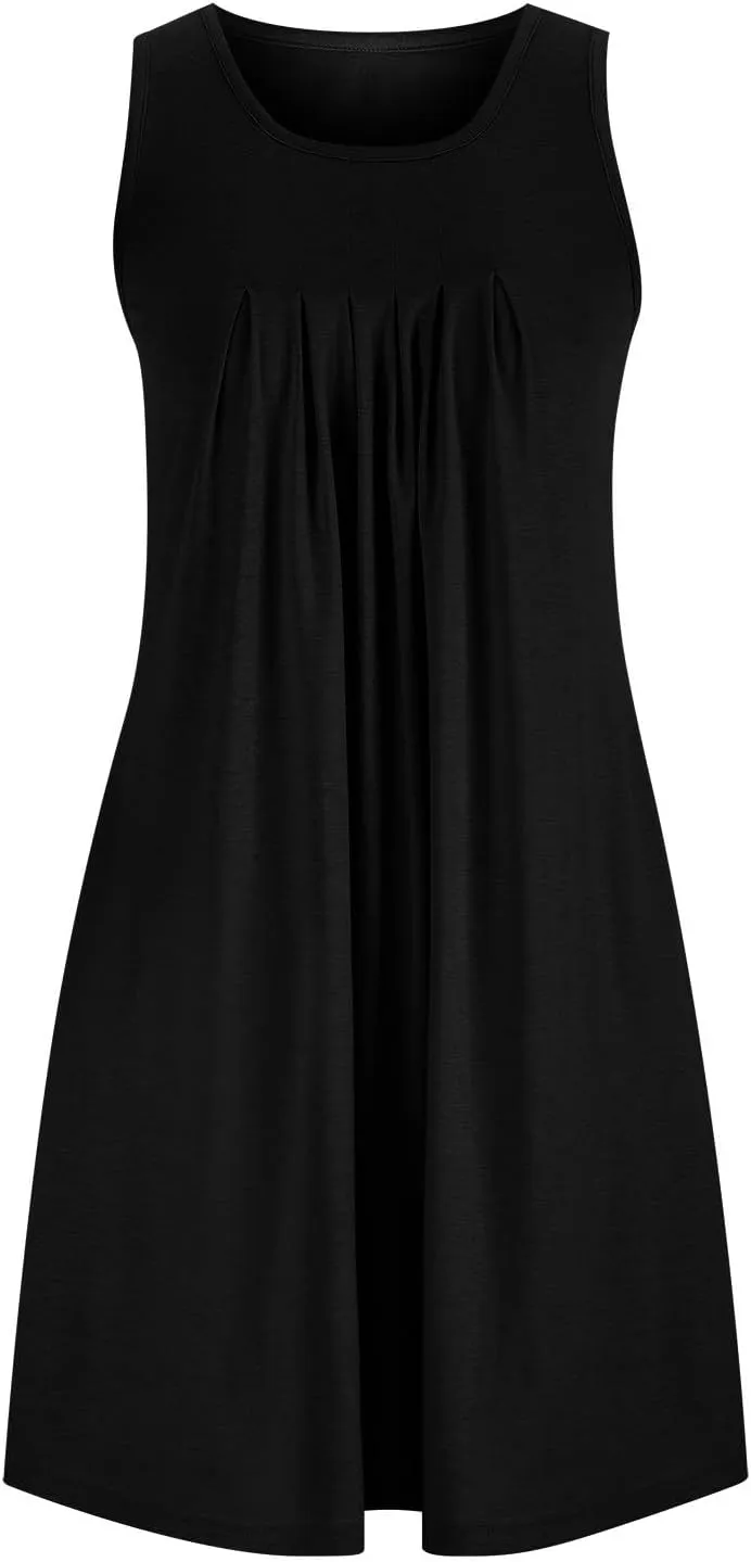 Women Sundress with Pockets Sleep Shirts Sleeveless Loungewear Pleated Front Round Neck Vacation Resort Wear