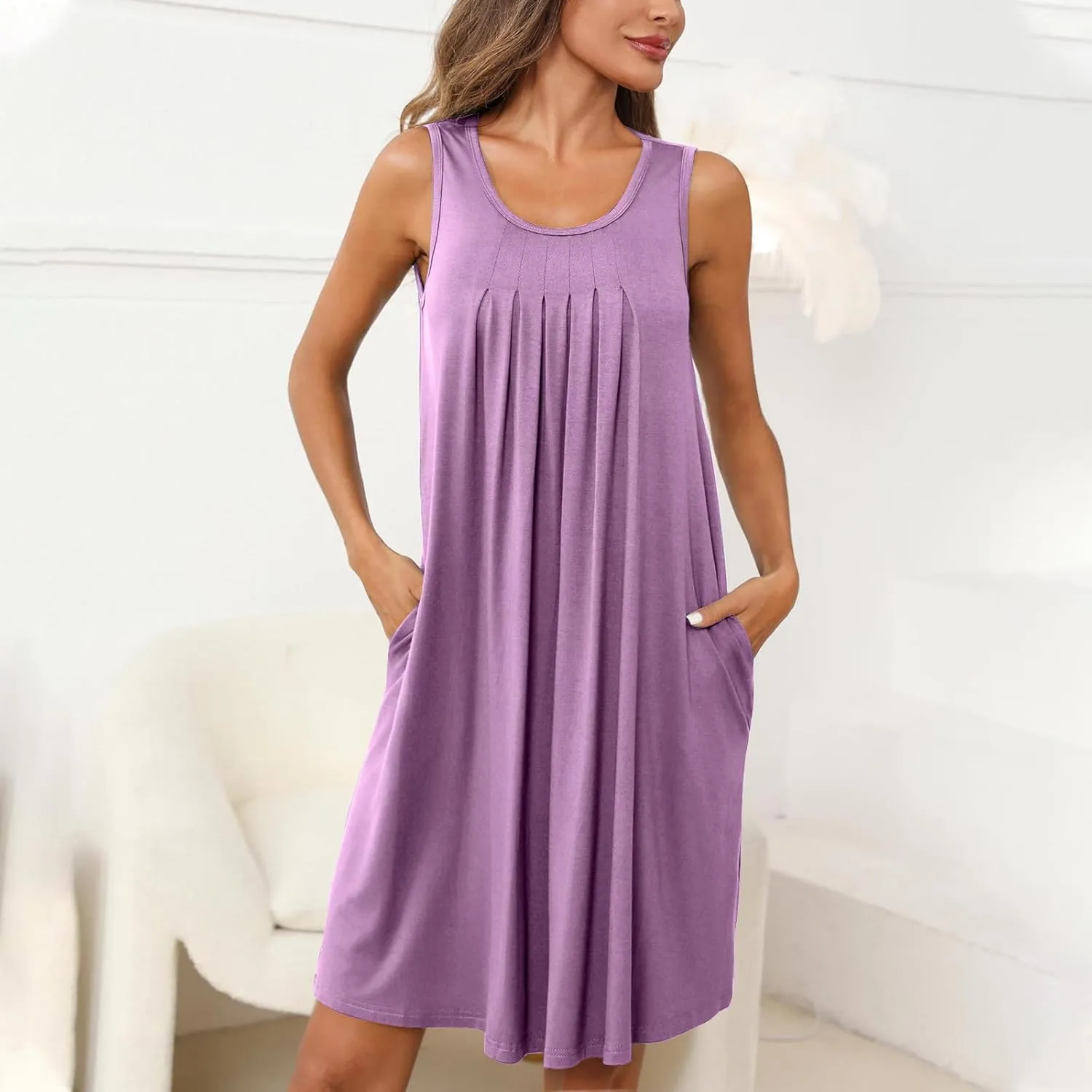 Women Sundress with Pockets Sleep Shirts Sleeveless Loungewear Pleated Front Round Neck Vacation Resort Wear