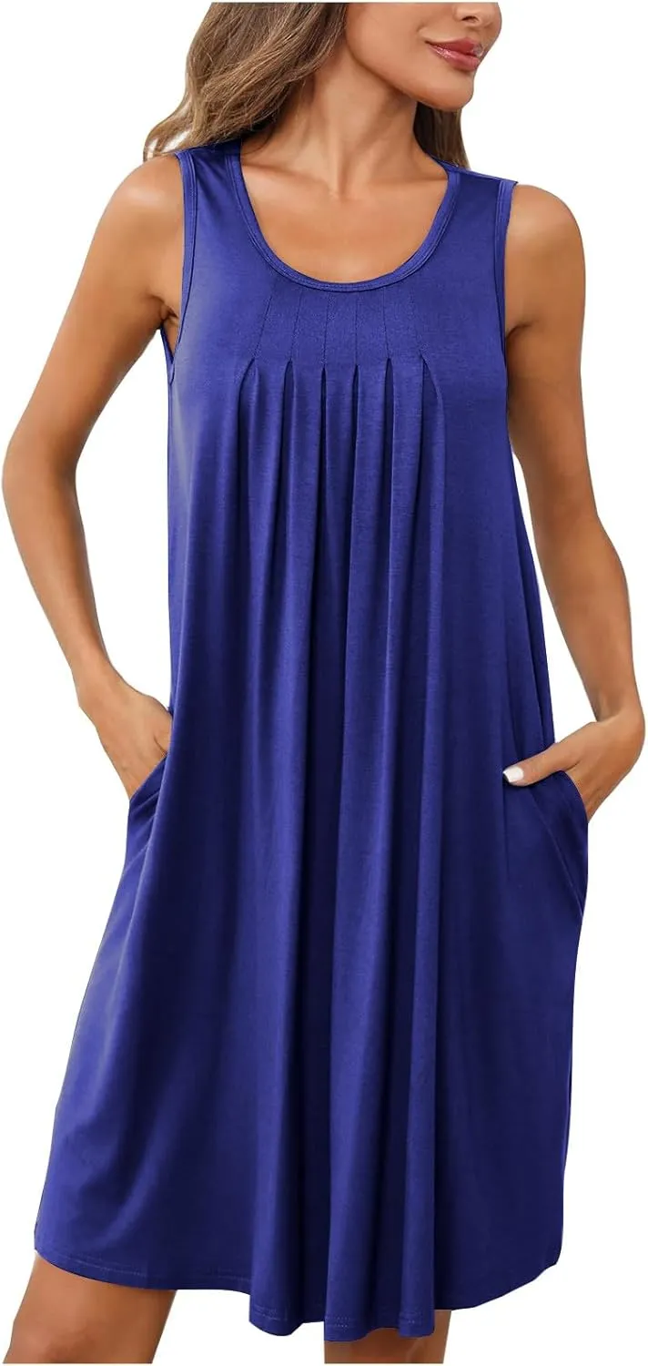 Women Sundress with Pockets Sleep Shirts Sleeveless Loungewear Pleated Front Round Neck Vacation Resort Wear