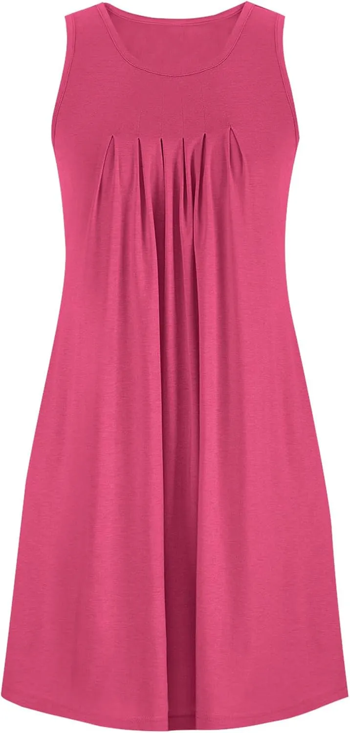 Women Sundress with Pockets Sleep Shirts Sleeveless Loungewear Pleated Front Round Neck Vacation Resort Wear