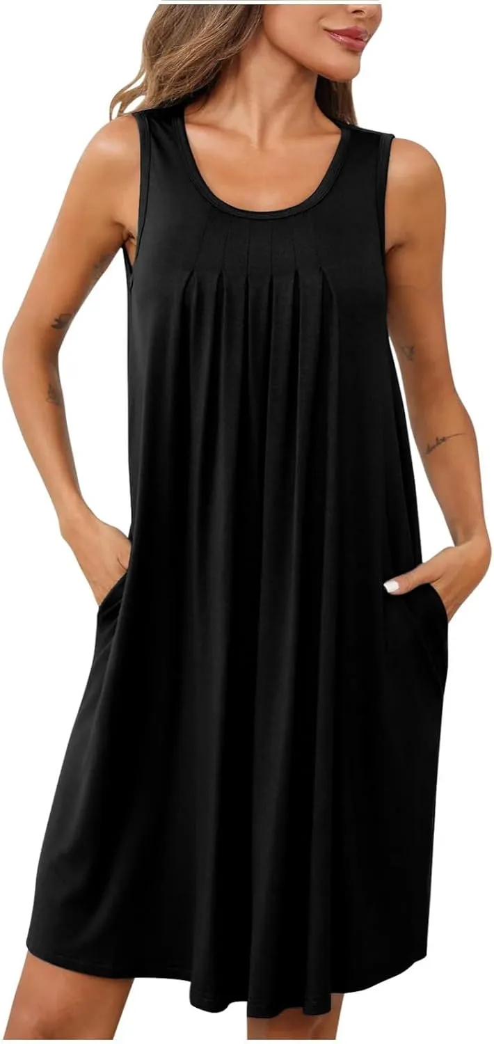 Women Sundress with Pockets Sleep Shirts Sleeveless Loungewear Pleated Front Round Neck Vacation Resort Wear