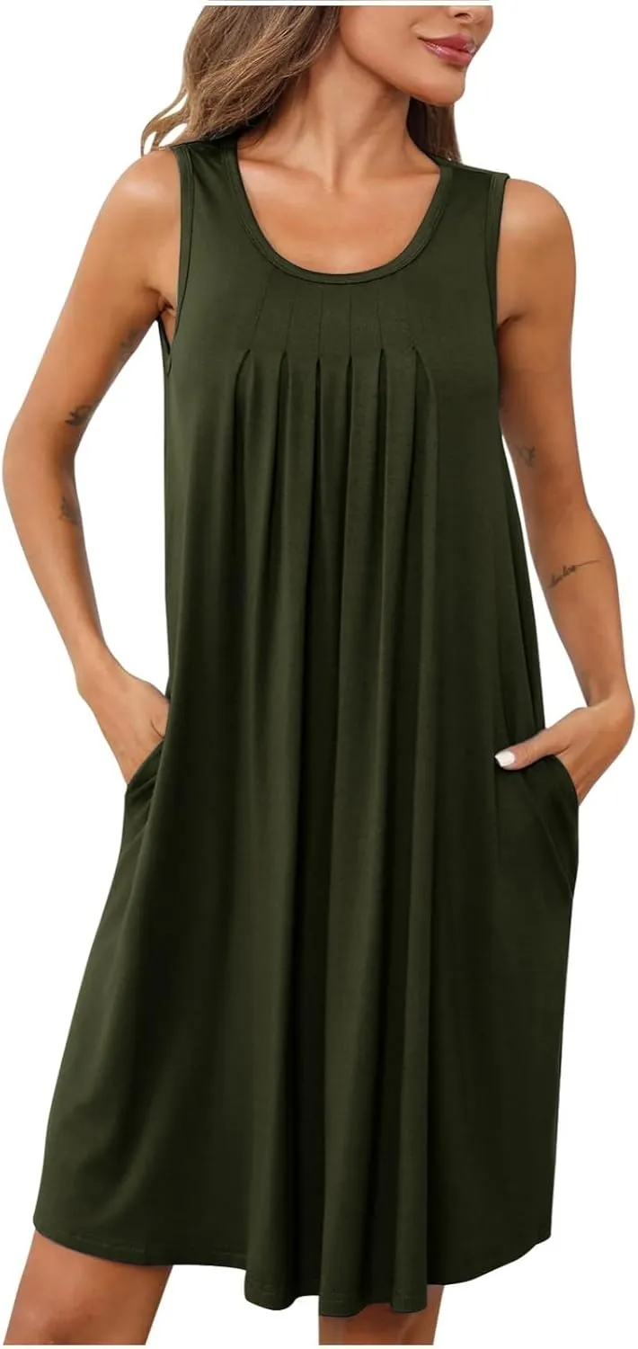 Women Sundress with Pockets Sleep Shirts Sleeveless Loungewear Pleated Front Round Neck Vacation Resort Wear