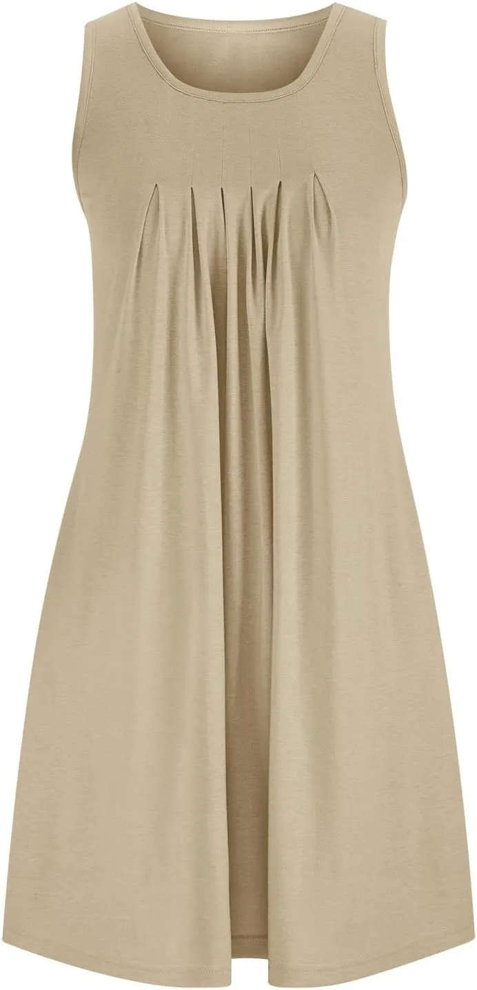 Women Sundress with Pockets Sleep Shirts Sleeveless Loungewear Pleated Front Round Neck Vacation Resort Wear