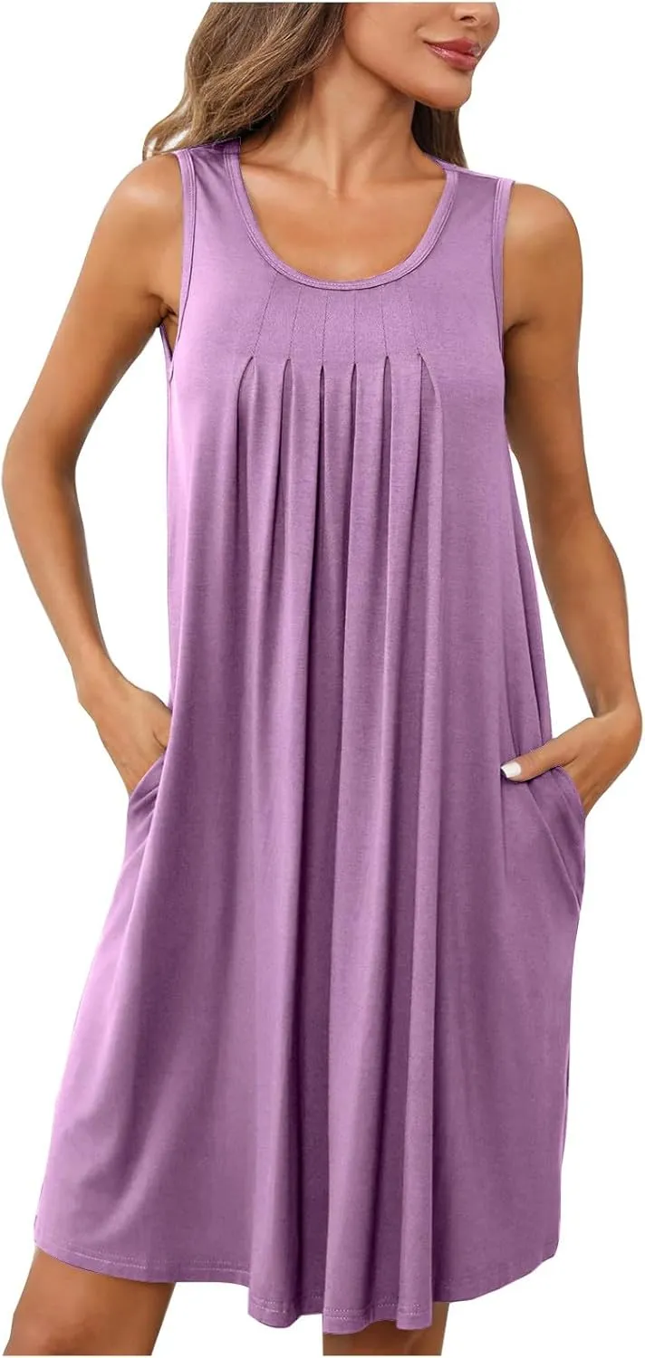 Women Sundress with Pockets Sleep Shirts Sleeveless Loungewear Pleated Front Round Neck Vacation Resort Wear