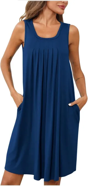 Women Sundress with Pockets Sleep Shirts Sleeveless Loungewear Pleated Front Round Neck Vacation Resort Wear