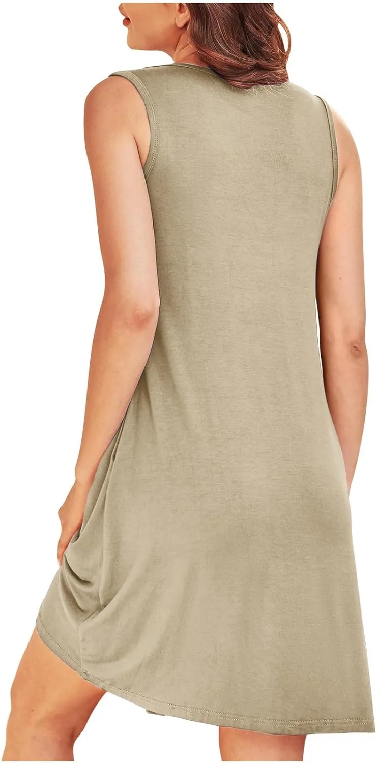 Women Sundress with Pockets Sleep Shirts Sleeveless Loungewear Pleated Front Round Neck Vacation Resort Wear