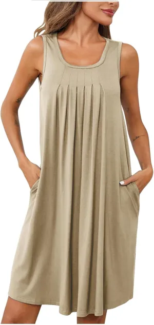 Women Sundress with Pockets Sleep Shirts Sleeveless Loungewear Pleated Front Round Neck Vacation Resort Wear