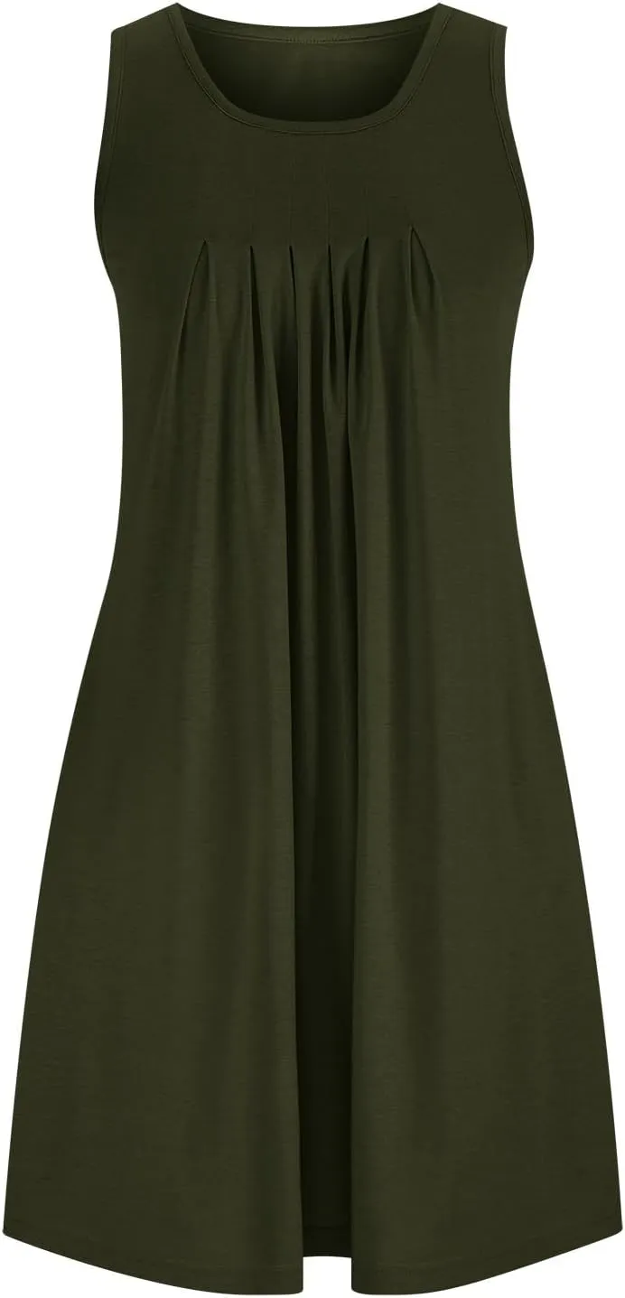 Women Sundress with Pockets Sleep Shirts Sleeveless Loungewear Pleated Front Round Neck Vacation Resort Wear
