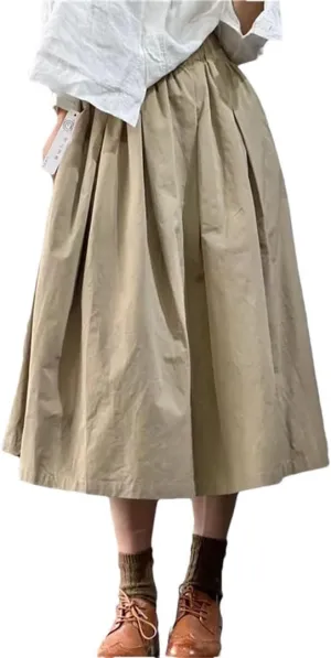 Women Vitnage A-Line Midi Literary Retro Cotton Skirt Elastic Waist Loose Skirts