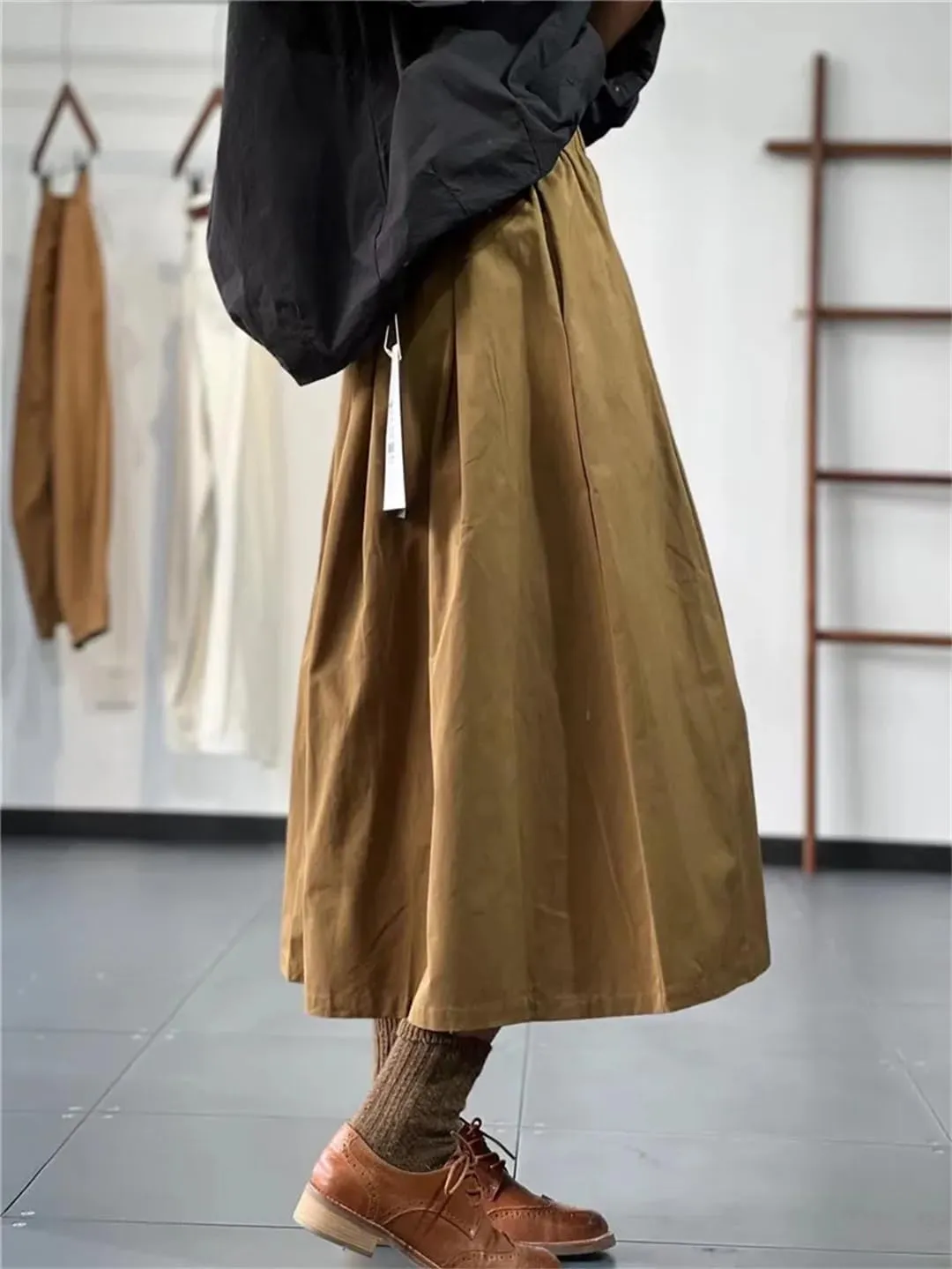 Women Vitnage A-Line Midi Literary Retro Cotton Skirt Elastic Waist Loose Skirts