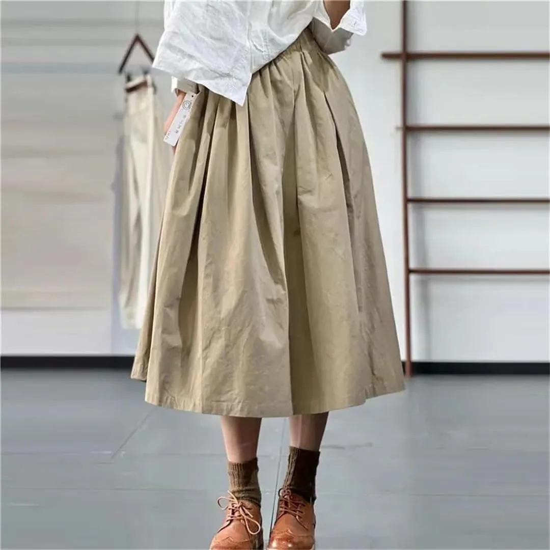 Women Vitnage A-Line Midi Literary Retro Cotton Skirt Elastic Waist Loose Skirts