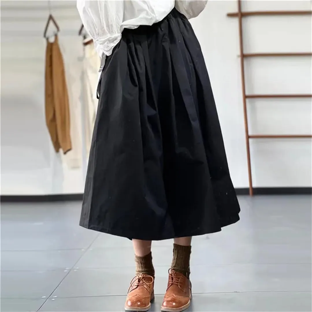 Women Vitnage A-Line Midi Literary Retro Cotton Skirt Elastic Waist Loose Skirts