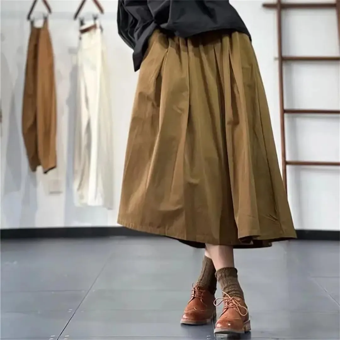 Women Vitnage A-Line Midi Literary Retro Cotton Skirt Elastic Waist Loose Skirts