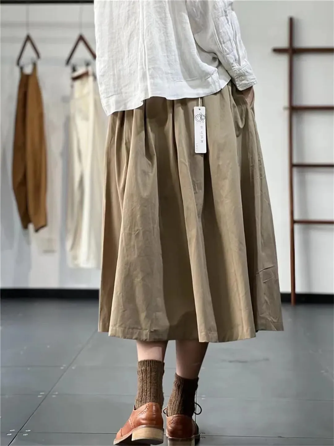 Women Vitnage A-Line Midi Literary Retro Cotton Skirt Elastic Waist Loose Skirts