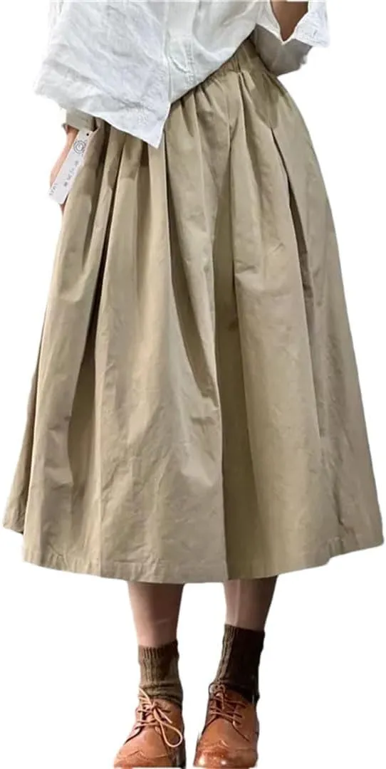 Women Vitnage A-Line Midi Literary Retro Cotton Skirt Elastic Waist Loose Skirts