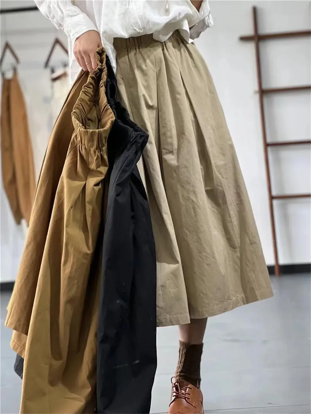 Women Vitnage A-Line Midi Literary Retro Cotton Skirt Elastic Waist Loose Skirts