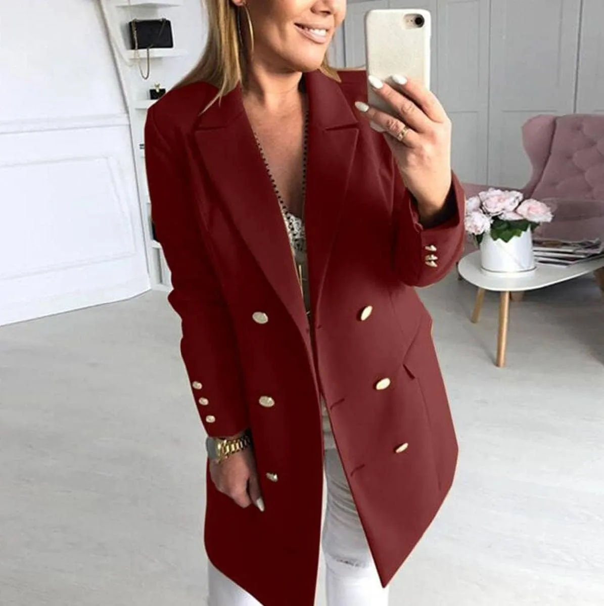 Women Winter Double Side Wear Lapel Double Breasted Midi Wool Blend Trench Coat