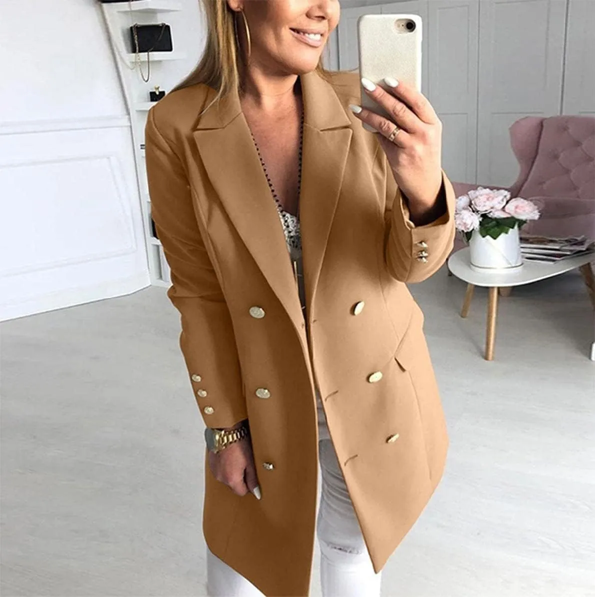 Women Winter Double Side Wear Lapel Double Breasted Midi Wool Blend Trench Coat