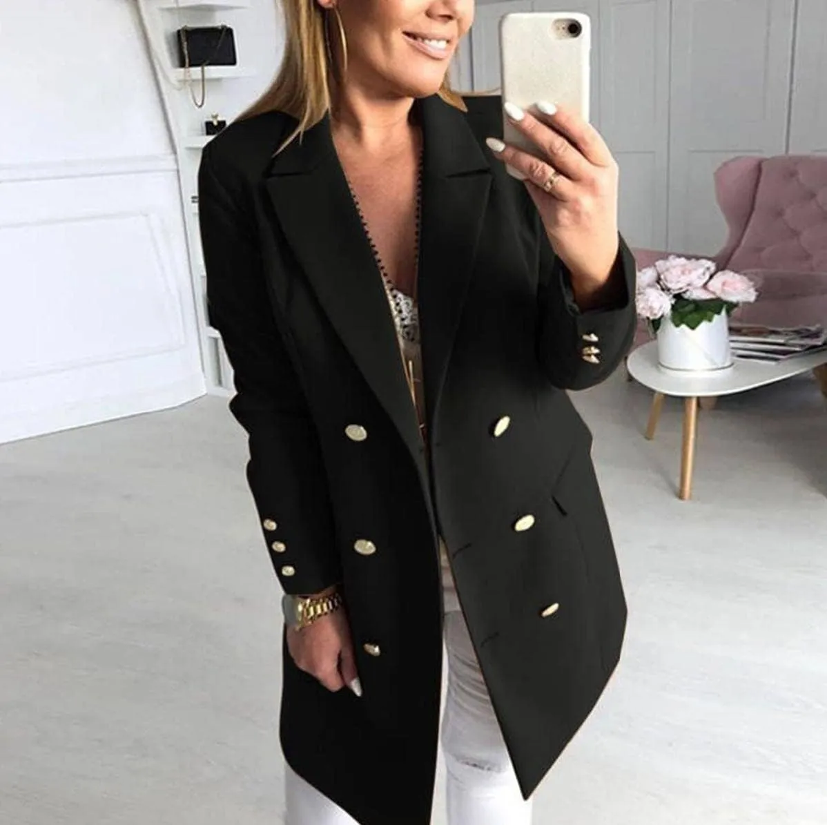 Women Winter Double Side Wear Lapel Double Breasted Midi Wool Blend Trench Coat