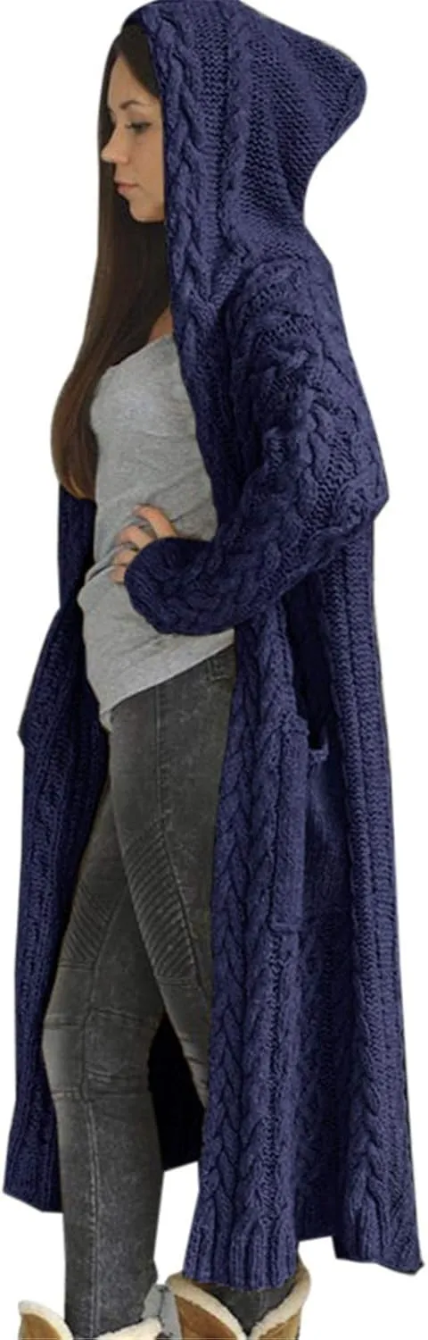 Women Winter Solid Knitted Cardigan Sweaters Plus Size Chunky Knit Sweater Loose Hooded Long Sweater Pocket Coats