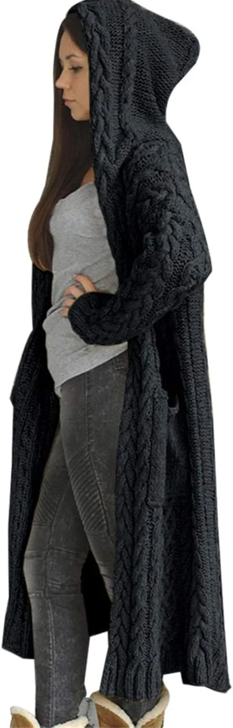 Women Winter Solid Knitted Cardigan Sweaters Plus Size Chunky Knit Sweater Loose Hooded Long Sweater Pocket Coats