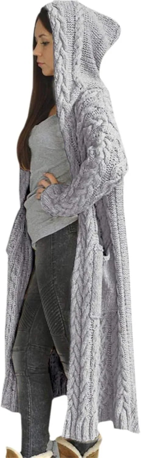 Women Winter Solid Knitted Cardigan Sweaters Plus Size Chunky Knit Sweater Loose Hooded Long Sweater Pocket Coats